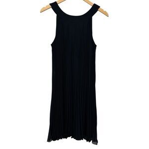 White House Black Market Black Pleated Rounded Neck A Line Dress Women's Size 12